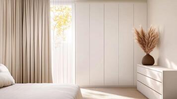 A minimalist bedroom with soft beige tones, featuring a bed, neutral curtains, white wardrobe photo