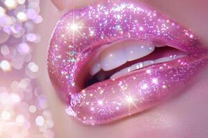 A close-up of glossy, sparkling pink lips covered in glitter, creating a glamorous and vibrant look photo