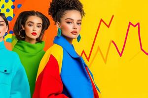 Stylish, diverse models in bold, colorful streetwear against a backdrop of rising trend lines photo