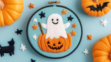 Whimsical Halloween embroidery featuring a cheerful ghost popping out of a carved pumpkin, surrounded by stars photo