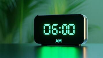 Close-up of a digital alarm clock displaying 6 00 AM in bright green numbers, with a modern design photo