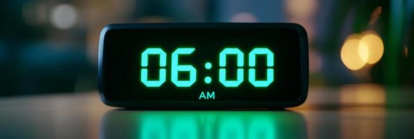 Close-up of a digital alarm clock displaying 6 00 AM in bright green numbers against a dark, blurred background photo