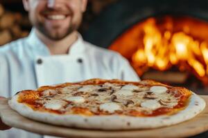 Happy chef presenting a freshly baked pizza in a rustic kitchen with a warm fireplace background photo
