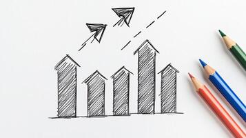 A sketched financial bar chart illustrating growth trends with colorful arrows and pencils on a plain background photo