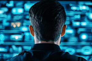 Security professional monitoring digital data in a control room during nighttime operations photo