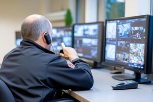 Security professional monitoring surveillance systems in a control room during daylight hours photo
