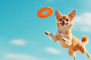 Chihuahua joyfully leaps for a vibrant orange frisbee on a sunny day in an open field photo