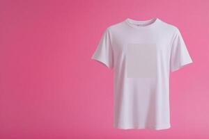 Minimalist display of a blank white t-shirt against a vibrant pink background for versatile design applications photo