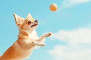 A Chihuahua joyfully leaps after a flying ball under a bright blue sky during a sunny day photo