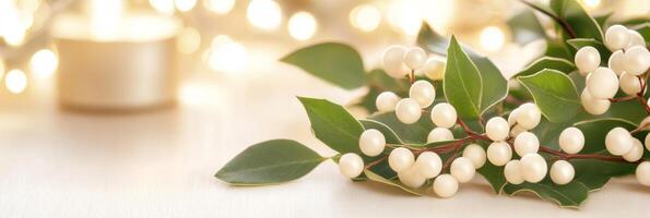Close-up of mistletoe leaves and berries arranged beautifully on a surface with soft lighting photo