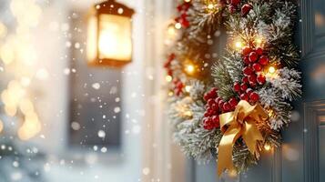 Beautifully decorated front door with a festive Christmas wreath and snow gently falling on a serene winter day photo