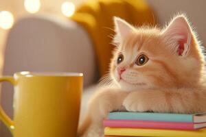 Curious kitten exploring a vibrant stack of colorful books with a yellow mug nearby in a cozy setting photo