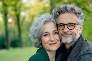 A happy couple enjoying a warm embrace in a serene park during a sunny afternoon photo