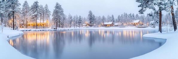 A serene winter morning at a frozen lake surrounded by snow-covered trees and cozy cabins in a tranquil landscape photo