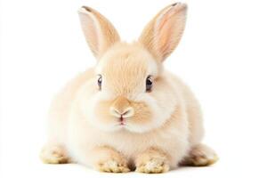Soft fluffy white rabbit in a winter setting with a calm expression against a minimalist white background photo