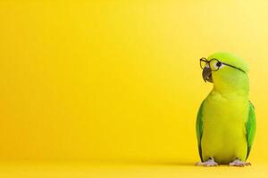 A quirky parrot in a small hat and glasses poses on a bright yellow backdrop for a playful and minimalist look photo