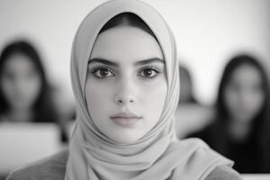 Young female student wearing hijab listens intently during lecture in minimalistic classroom setting photo