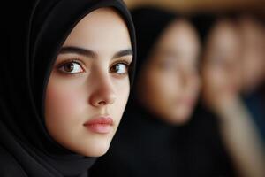 Young female student with a hijab attentively listening in a lecture with classmates in the background during the day photo