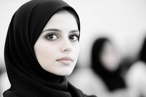 A young female student with a hijab listens intently during a university lecture in soft natural light photo