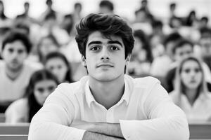 Thoughtful male student engaged in a lecture in a large hall with diverse classmates in the background photo