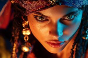 An enchanted pirate commands a magical sea creature with a glowing amulet during a mysterious twilight adventure photo
