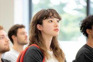 Diverse group of students engaged in learning during a bright classroom lecture photo
