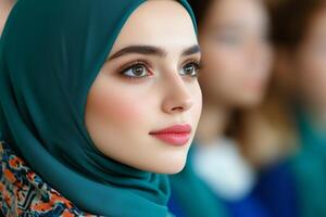 Young female student in hijab listens attentively during a lecture with classmates in a soft natural light setting photo