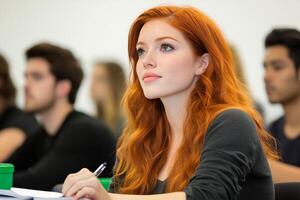 Group of diverse students engaged in attentive learning during a classroom session at a university campus photo