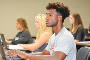 Students engaging with laptops in a minimalistic classroom during a lecture session photo