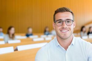 Young man with glasses smiling during a lecture in a bright, minimalistic classroom setting photo