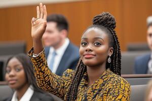 Diverse group of students engaged in a lecture with one woman raising her hand in an inviting classroom setting photo