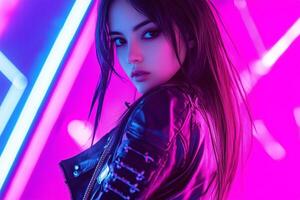 A daring cyberpunk pirate ready for adventure in a neon-lit space station with advanced gadgets and technology photo