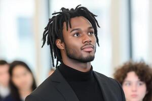 Diverse students engaged in a lecture with an animated speaker in a bright classroom photo