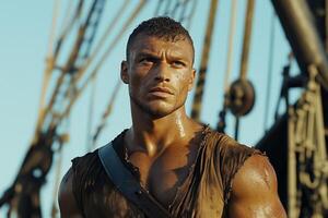 Battle-worn pirate stands resolute among shipwreck debris in a moment of quiet determination photo