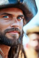 A fierce pirate confronts an enemy on a desolate beach under a clear sky in a dramatic anime style close-up photo