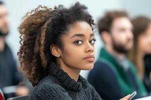 Diverse students engaging attentively in a modern classroom during a lecture with a focused instructor photo