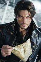 Galactic pirate studies a high-tech map while plotting a daring heist in the depths of space photo
