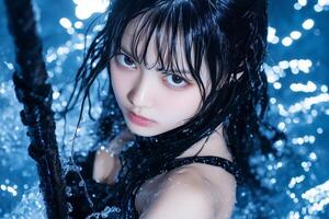 Mysterious pirate girl with ocean magic prepares for battle in a striking close-up in a fantasy setting photo