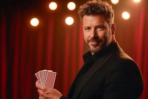 Magician showcasing a deck of cards under warm stage lights in front of red theater curtains photo