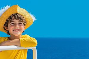 A young pirate with a feathered hat smiles mischievously while leaning over the ships railing, gazing at the ocean photo