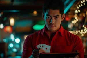 Magician captivates audience with suspended card trick under soft stage lights photo