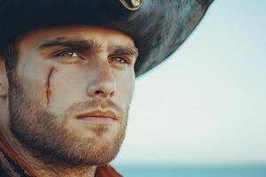 A pirate with a scar gazes intensely at the distant horizon while ocean waves gently crash in the background photo