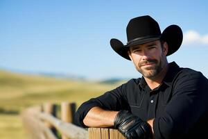 Cowboy in a black hat adjusting gloves while leaning against a wooden fence in rolling hills under clear sky photo