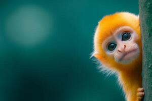 Curious golden-furred monkey exploring its surroundings in soft daylight against a blurred background photo