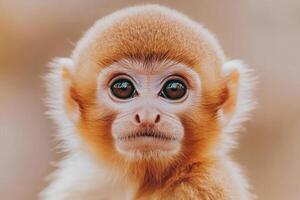 Fluffy monkey with gentle gaze in warm natural light against softly blurred neutral background photo