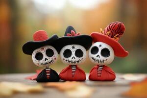 Colorful Day of the Dead figures with decorative hats gathered in a mystical forest illuminated by candlelight photo