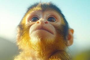 Adorable golden monkey gazing curiously in soft daylight with a blurred natural backdrop photo