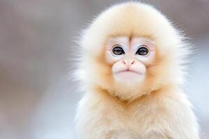 Adorable golden-furred monkey curiously gazing into the lens with a soft background in natural daylight photo