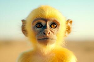 A charming golden-furred monkey gazes directly into the camera with a gentle expression in soft daylight photo