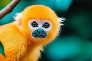Adorable golden-furred monkey curiously gazes into the lens in soft daylight against a muted backdrop photo